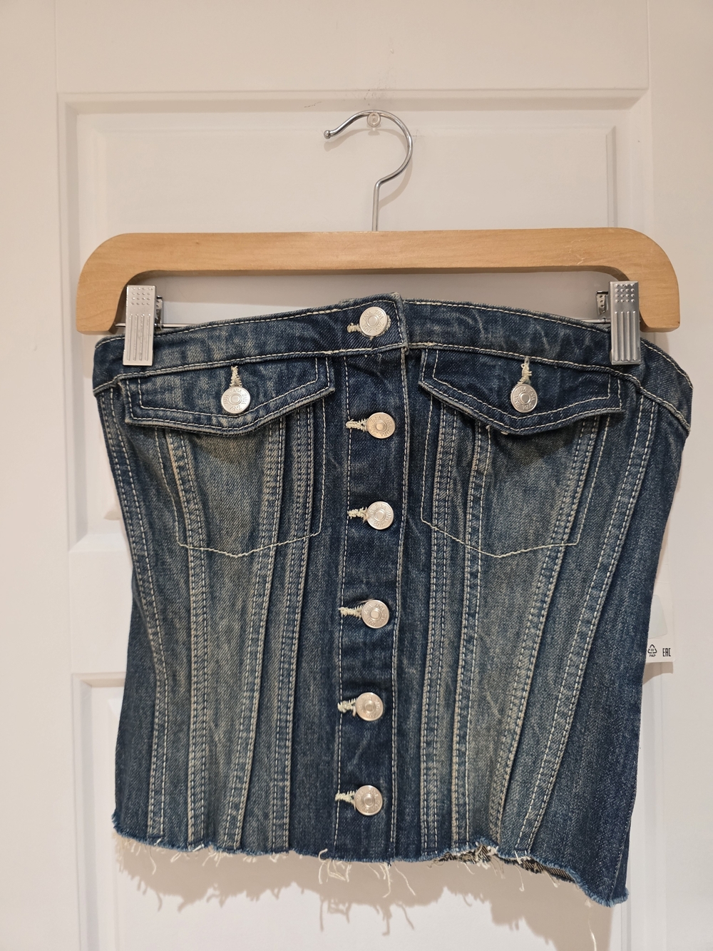 Denim Button-Front Strapless Jeans Top - Blue